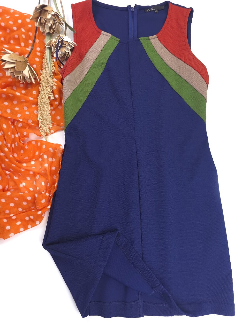 C. Luce Navy Sleeveless Sheath Dress with Red & Green Accents Sz L